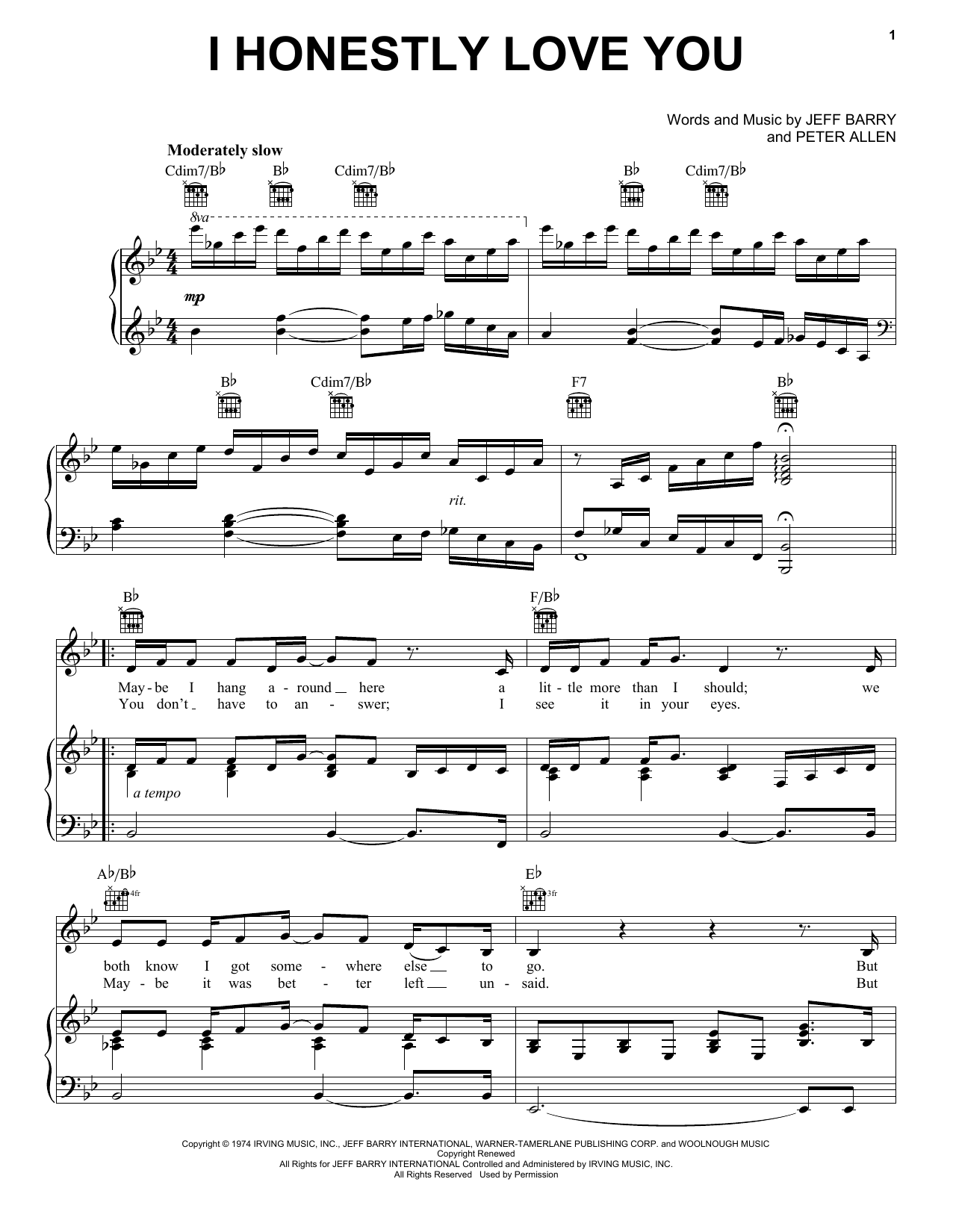 Olivia Newton-John I Honestly Love You (from The Boy From Oz) sheet music notes and chords arranged for Vocal Pro + Piano/Guitar