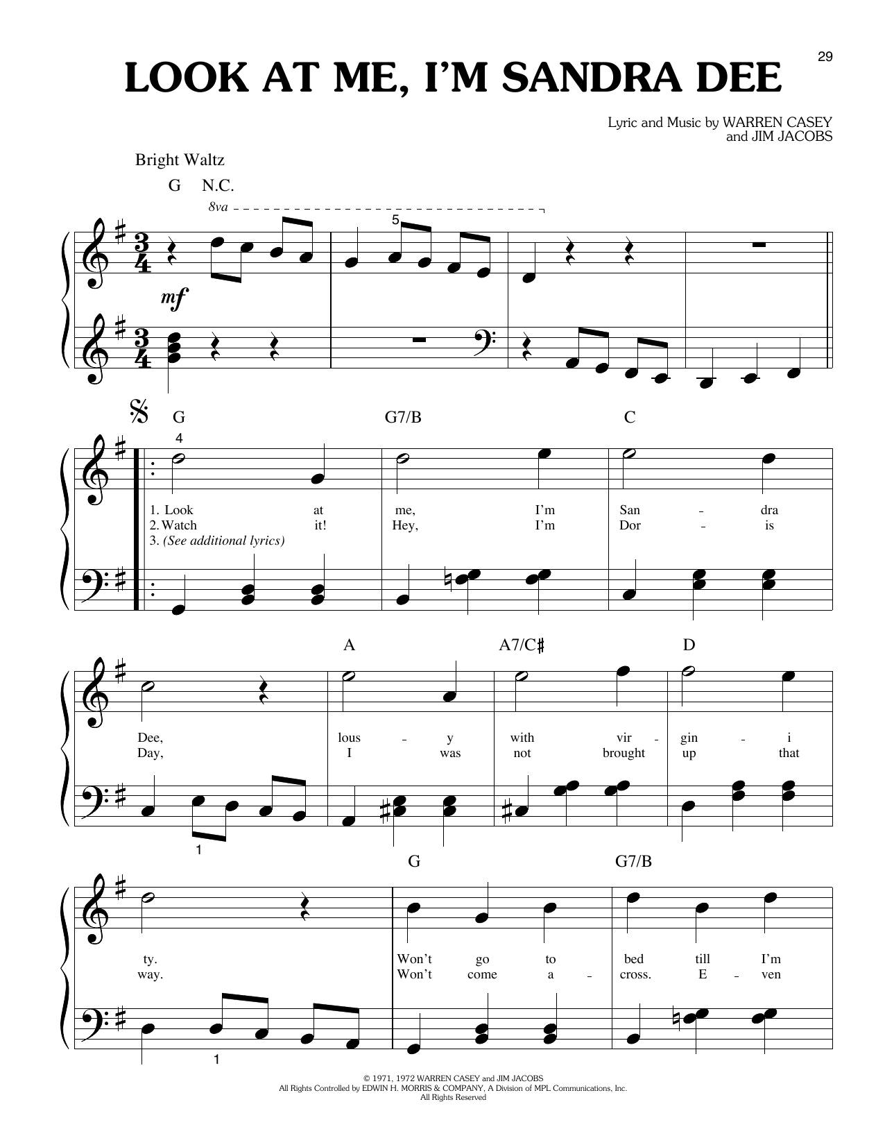 Olivia Newton-John Look At Me, I'm Sandra Dee (from Grease) sheet music notes and chords arranged for Big Note Piano