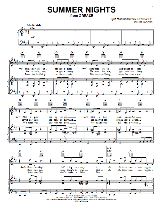 Olivia Newton-John Summer Nights (from Grease) sheet music notes and chords arranged for Piano, Vocal & Guitar Chords (Right-Hand Melody)