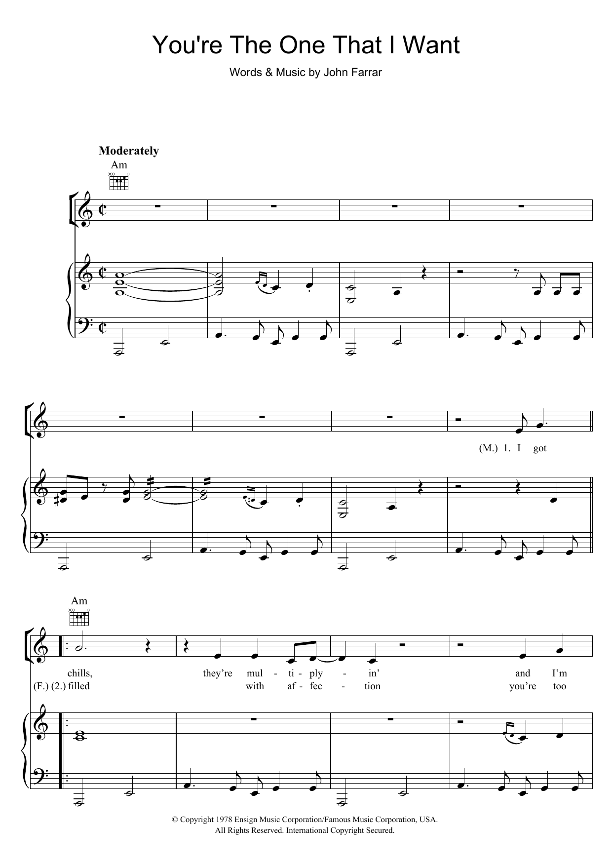 Olivia Newton-John You're The One That I Want (from Grease) sheet music notes and chords arranged for Piano, Vocal & Guitar Chords
