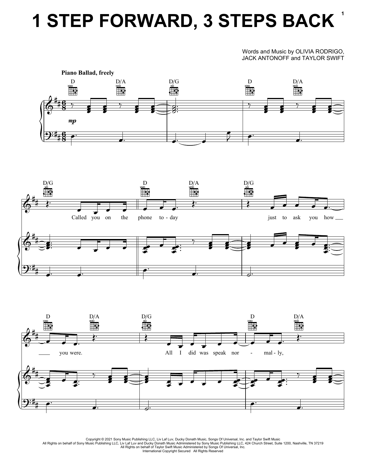 Olivia Rodrigo 1 step forward, 3 steps back sheet music notes and chords arranged for Piano, Vocal & Guitar Chords (Right-Hand Melody)