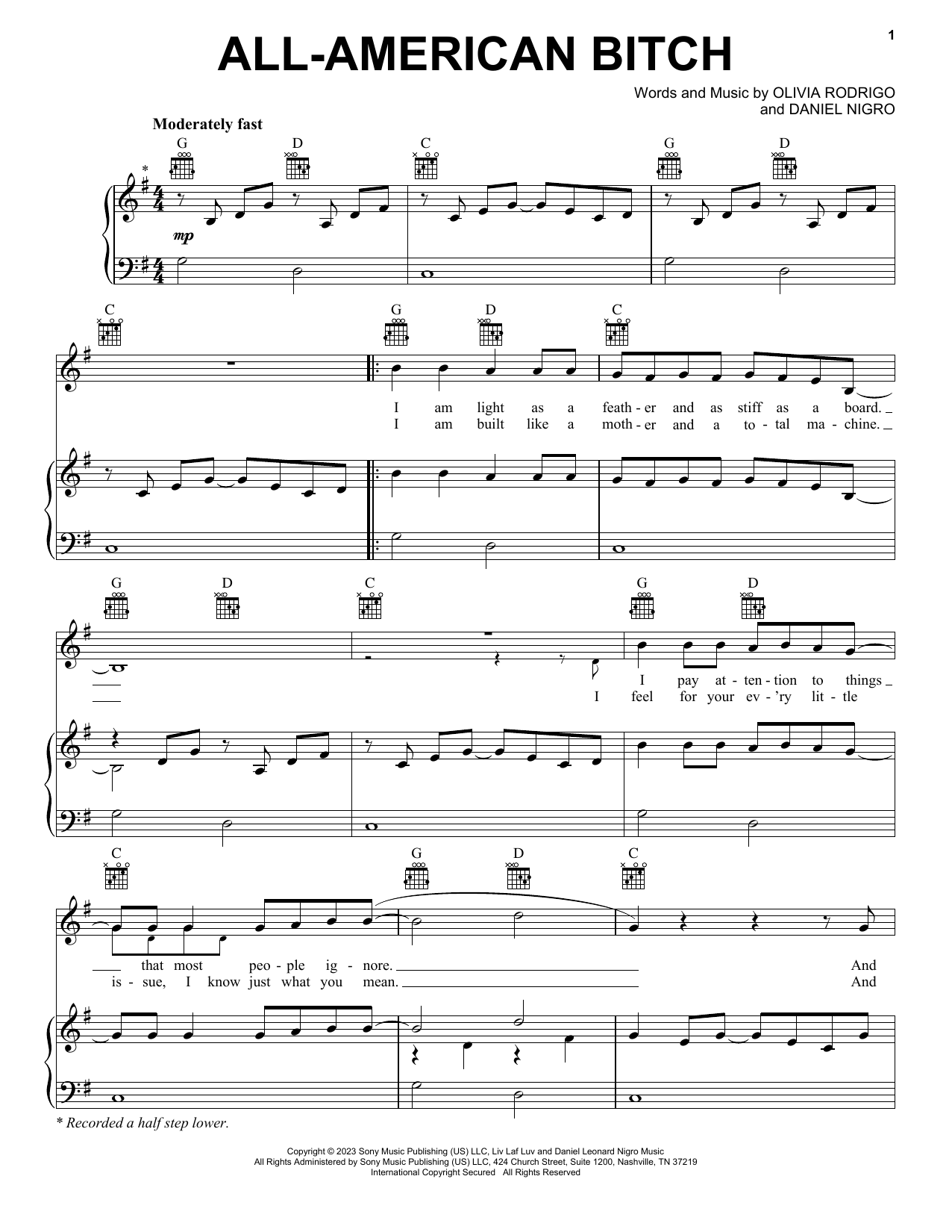 Olivia Rodrigo all-american bitch sheet music notes and chords arranged for Piano, Vocal & Guitar Chords (Right-Hand Melody)