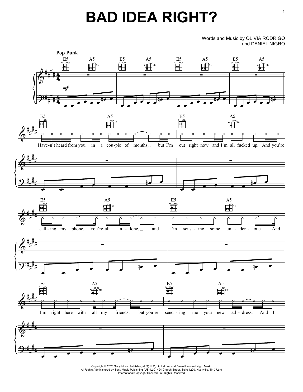 Olivia Rodrigo bad idea right? sheet music notes and chords arranged for Piano, Vocal & Guitar Chords (Right-Hand Melody)