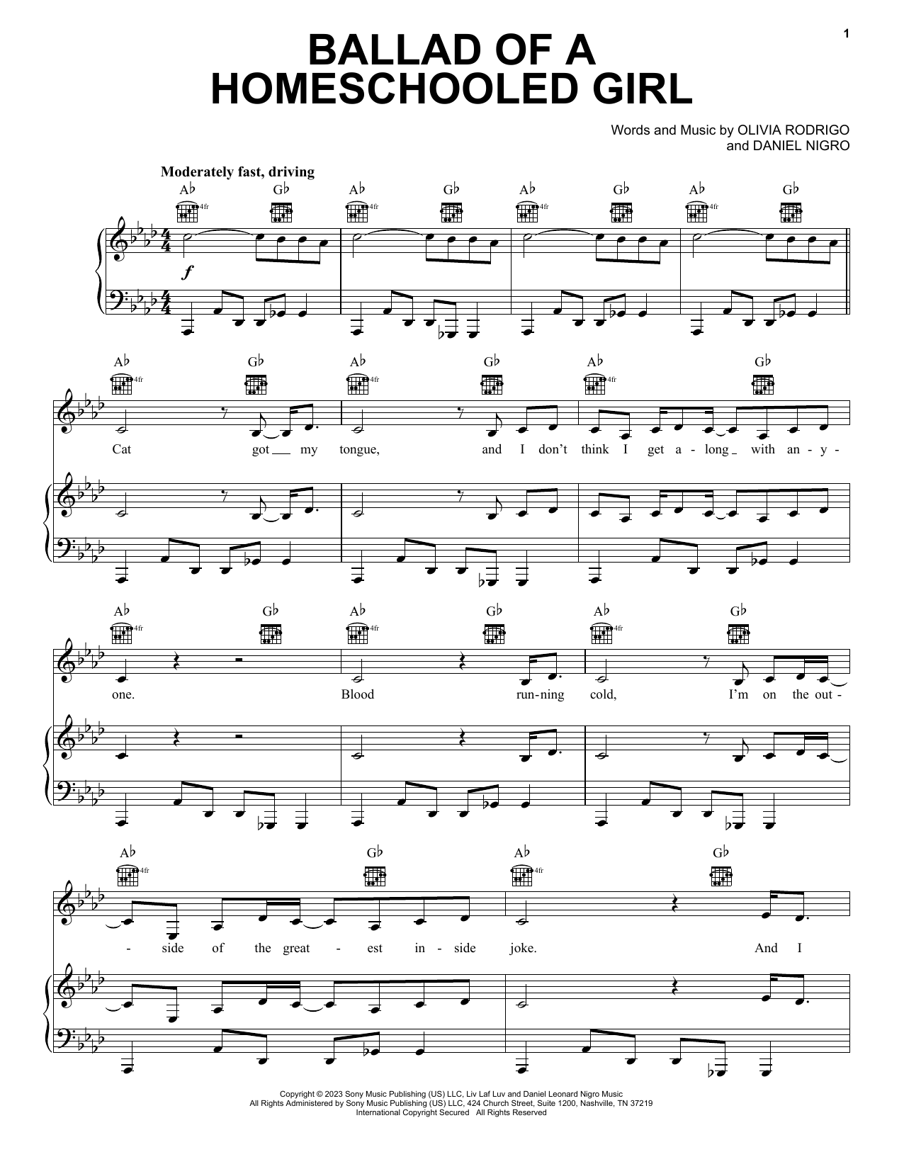 Olivia Rodrigo ballad of a homeschooled girl sheet music notes and chords arranged for Piano, Vocal & Guitar Chords (Right-Hand Melody)