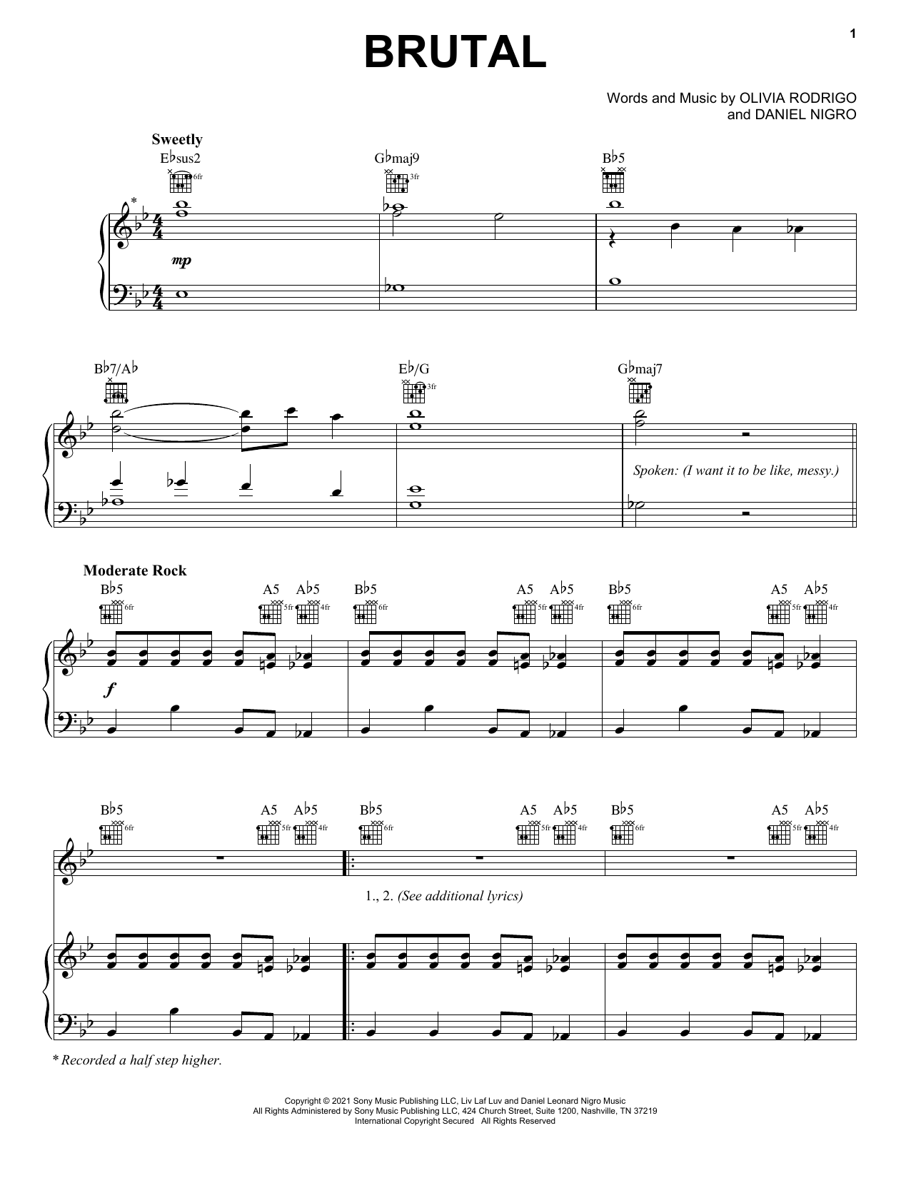 Olivia Rodrigo brutal sheet music notes and chords arranged for Piano, Vocal & Guitar Chords (Right-Hand Melody)