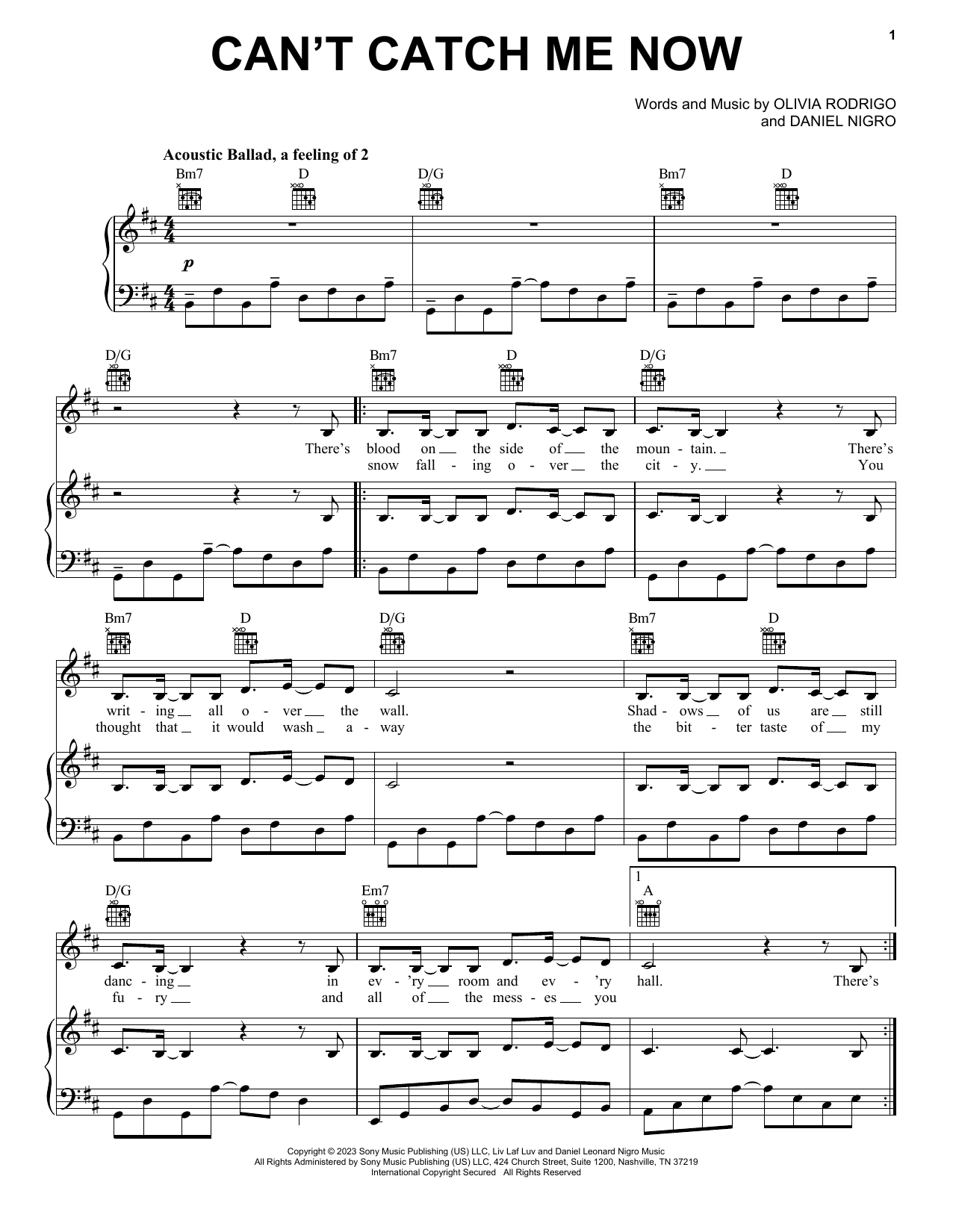 Olivia Rodrigo Can't Catch Me Now (from The Hunger Games: The Ballad of Songbirds & Snakes) sheet music notes and chords arranged for Piano, Vocal & Guitar Chords (Right-Hand Melody)