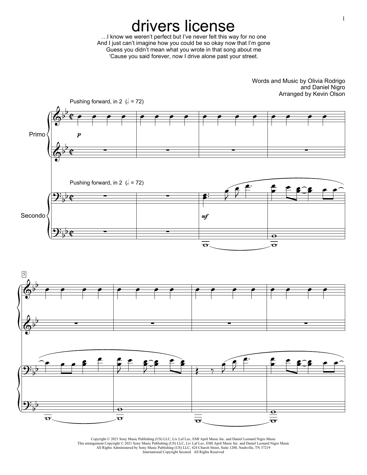 Olivia Rodrigo drivers license (arr. Kevin Olson) sheet music notes and chords arranged for Piano Duet