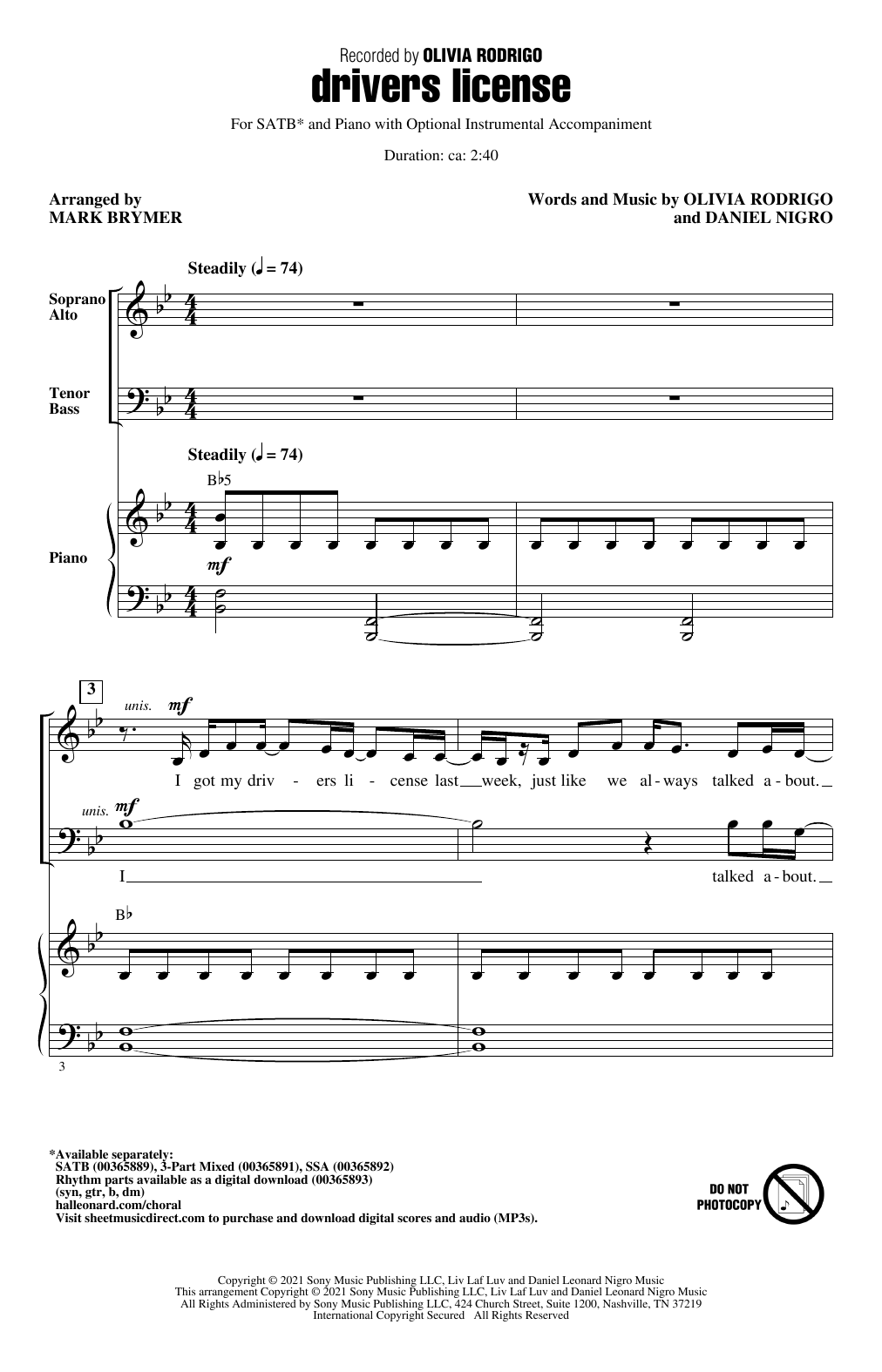 Olivia Rodrigo drivers license (arr. Mark Brymer) sheet music notes and chords arranged for SATB Choir
