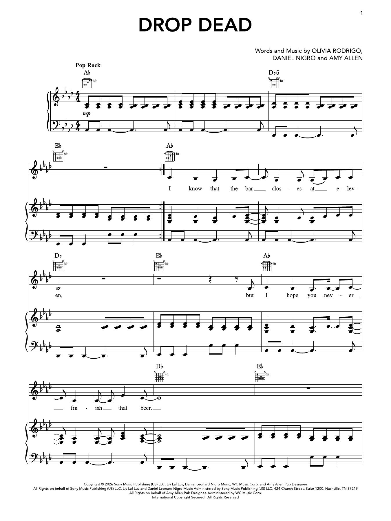 Olivia Rodrigo drop dead sheet music notes and chords arranged for Super Easy Piano