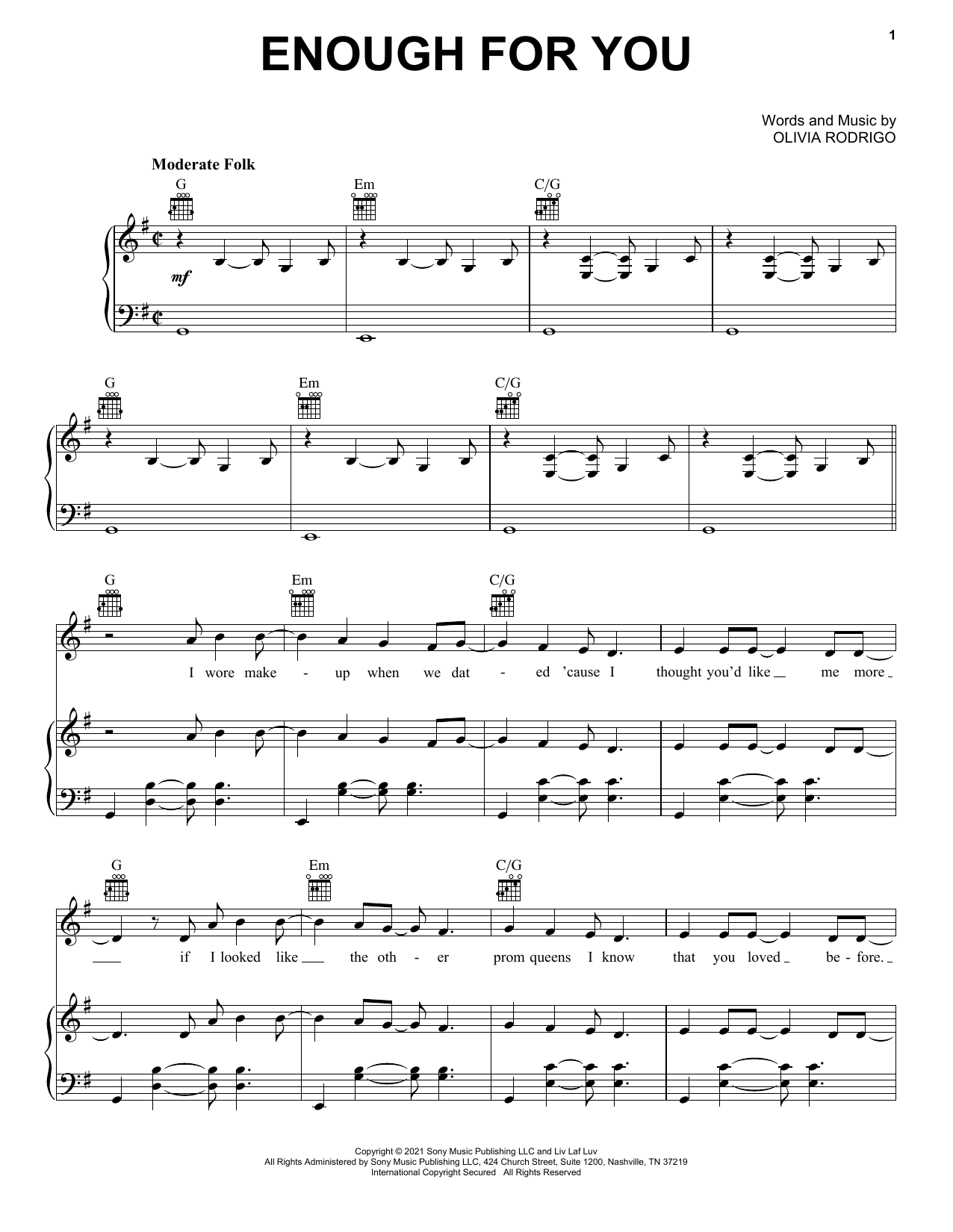 Olivia Rodrigo enough for you sheet music notes and chords arranged for Piano, Vocal & Guitar Chords (Right-Hand Melody)