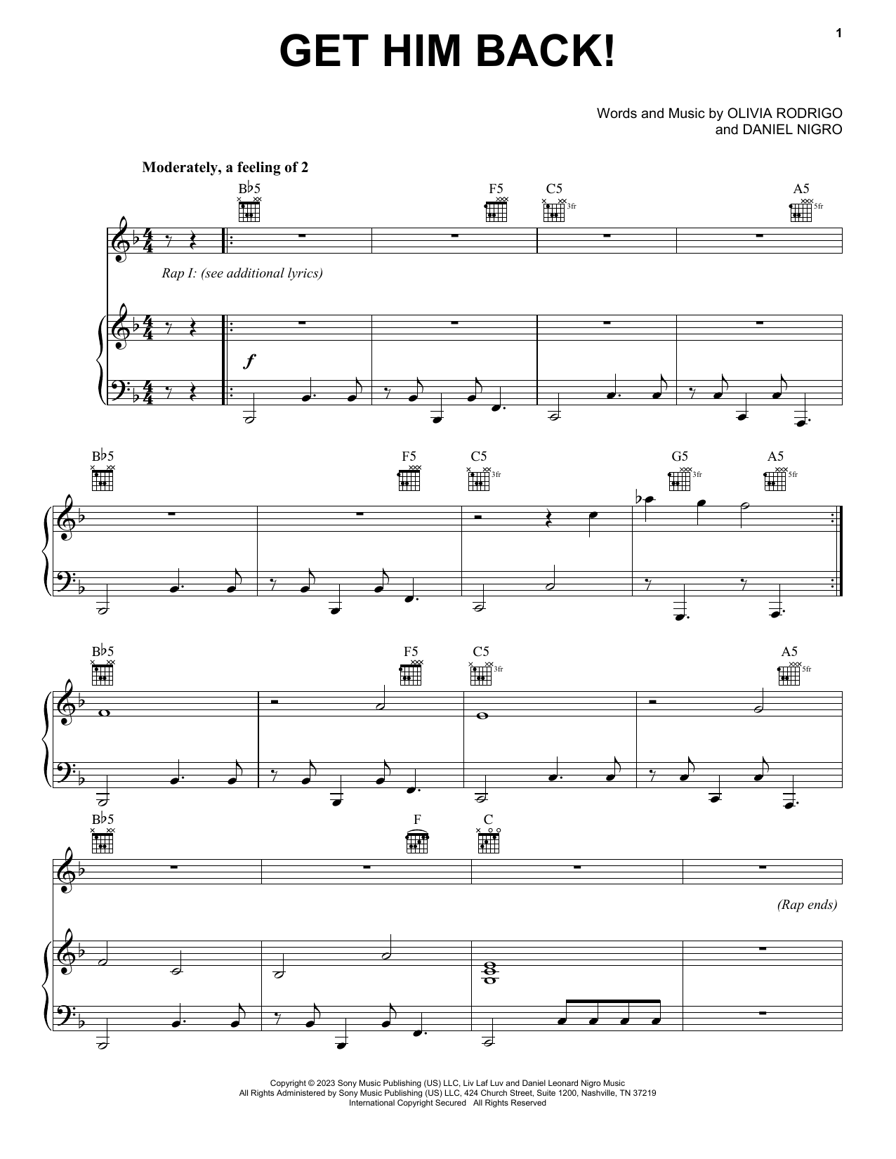 Olivia Rodrigo get him back! sheet music notes and chords arranged for Piano, Vocal & Guitar Chords (Right-Hand Melody)