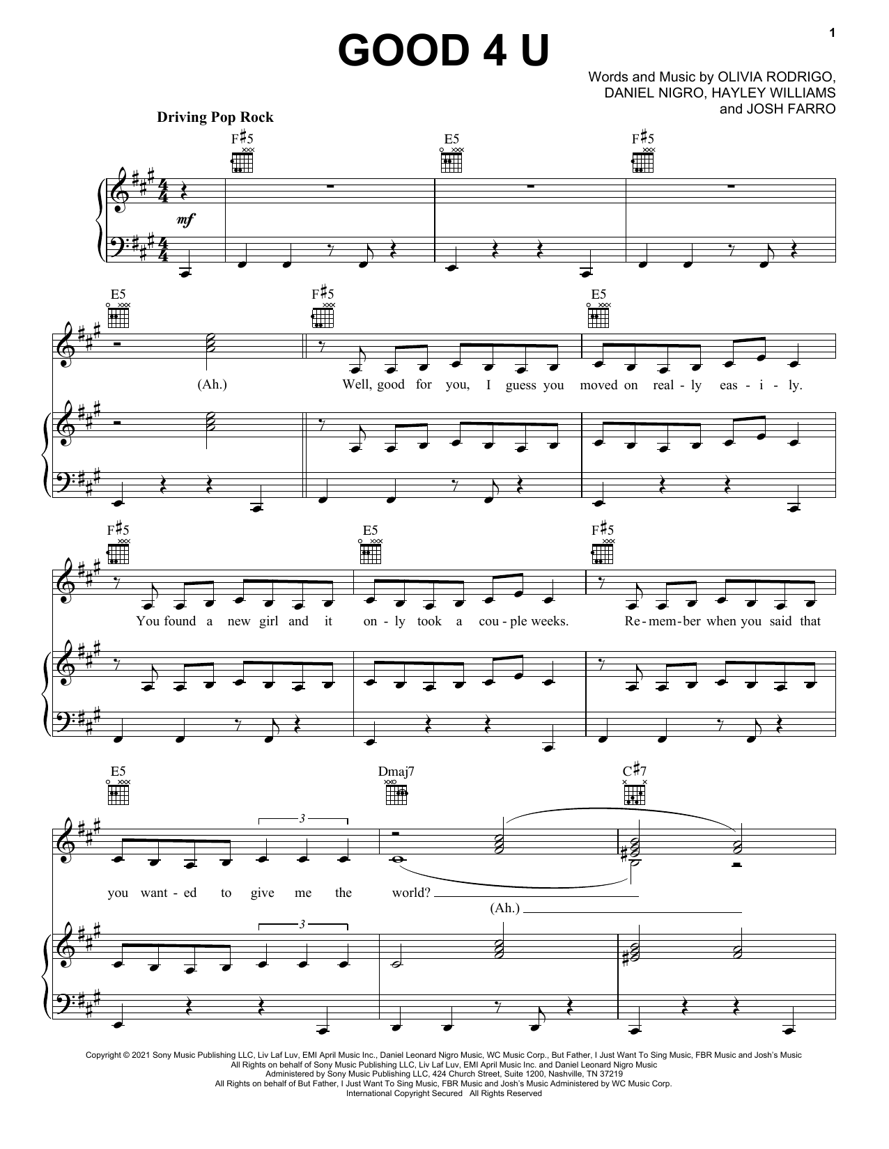 Olivia Rodrigo good 4 u sheet music notes and chords arranged for Piano, Vocal & Guitar Chords (Right-Hand Melody)