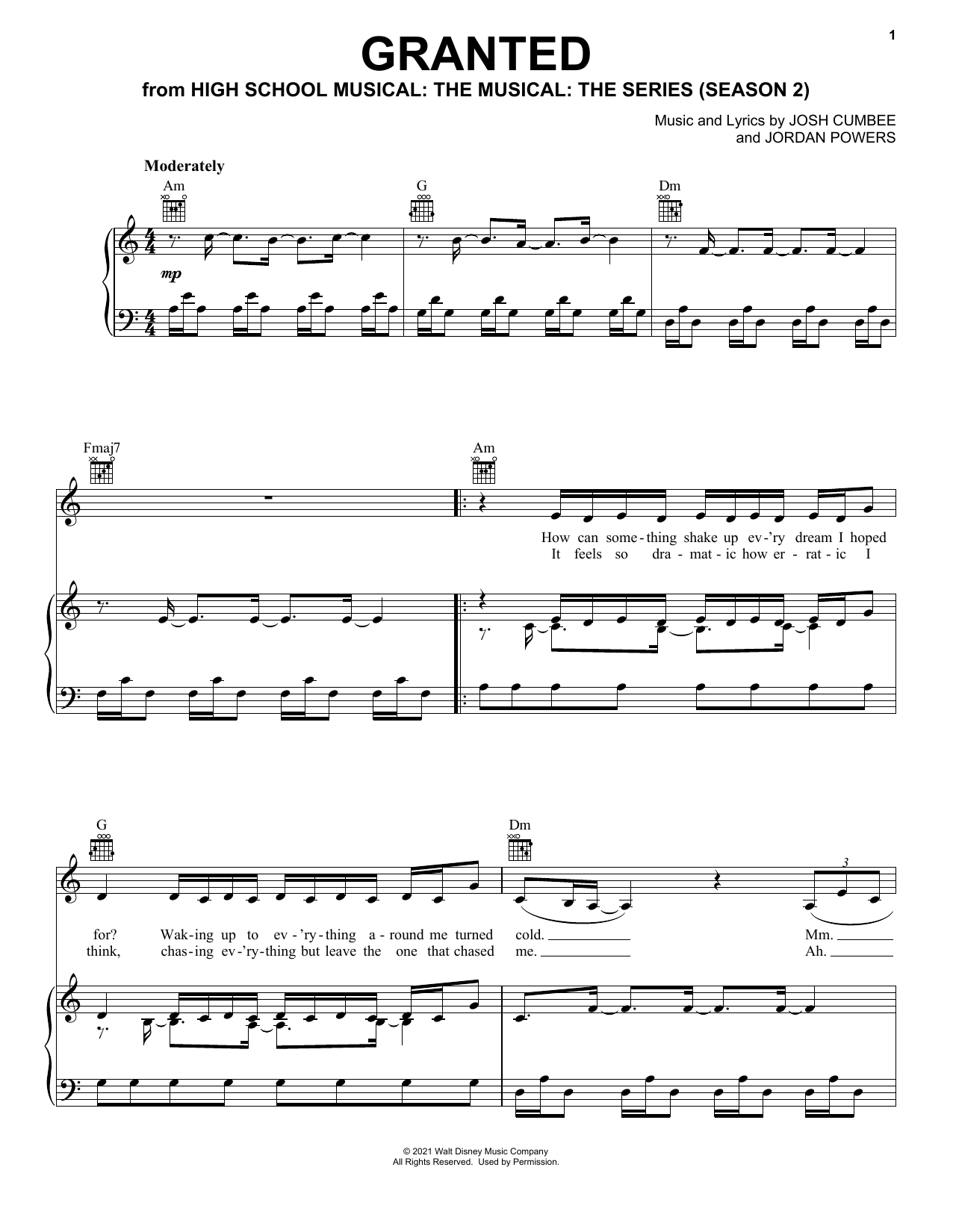 Olivia Rodrigo Granted (from High School Musical: The Musical: The Series) sheet music notes and chords arranged for Piano, Vocal & Guitar Chords (Right-Hand Melody)