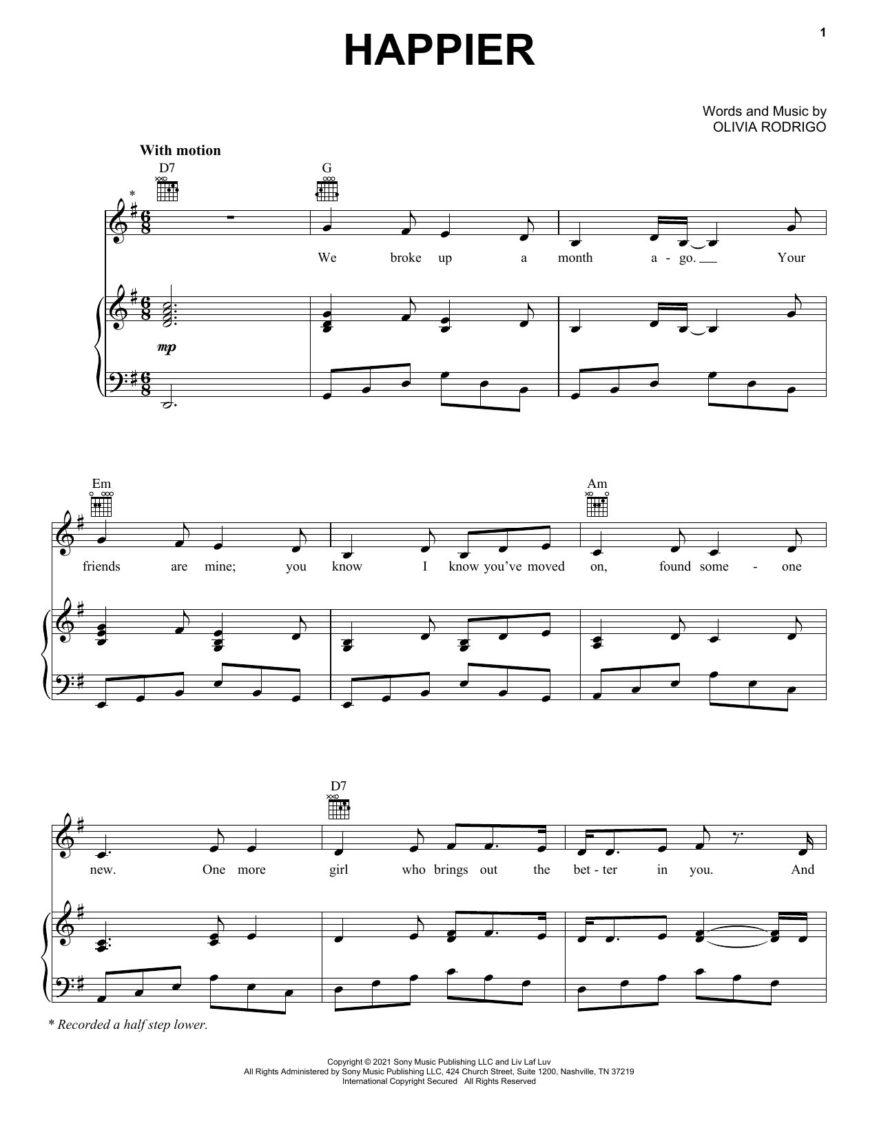 Olivia Rodrigo happier sheet music notes and chords arranged for Piano, Vocal & Guitar Chords (Right-Hand Melody)