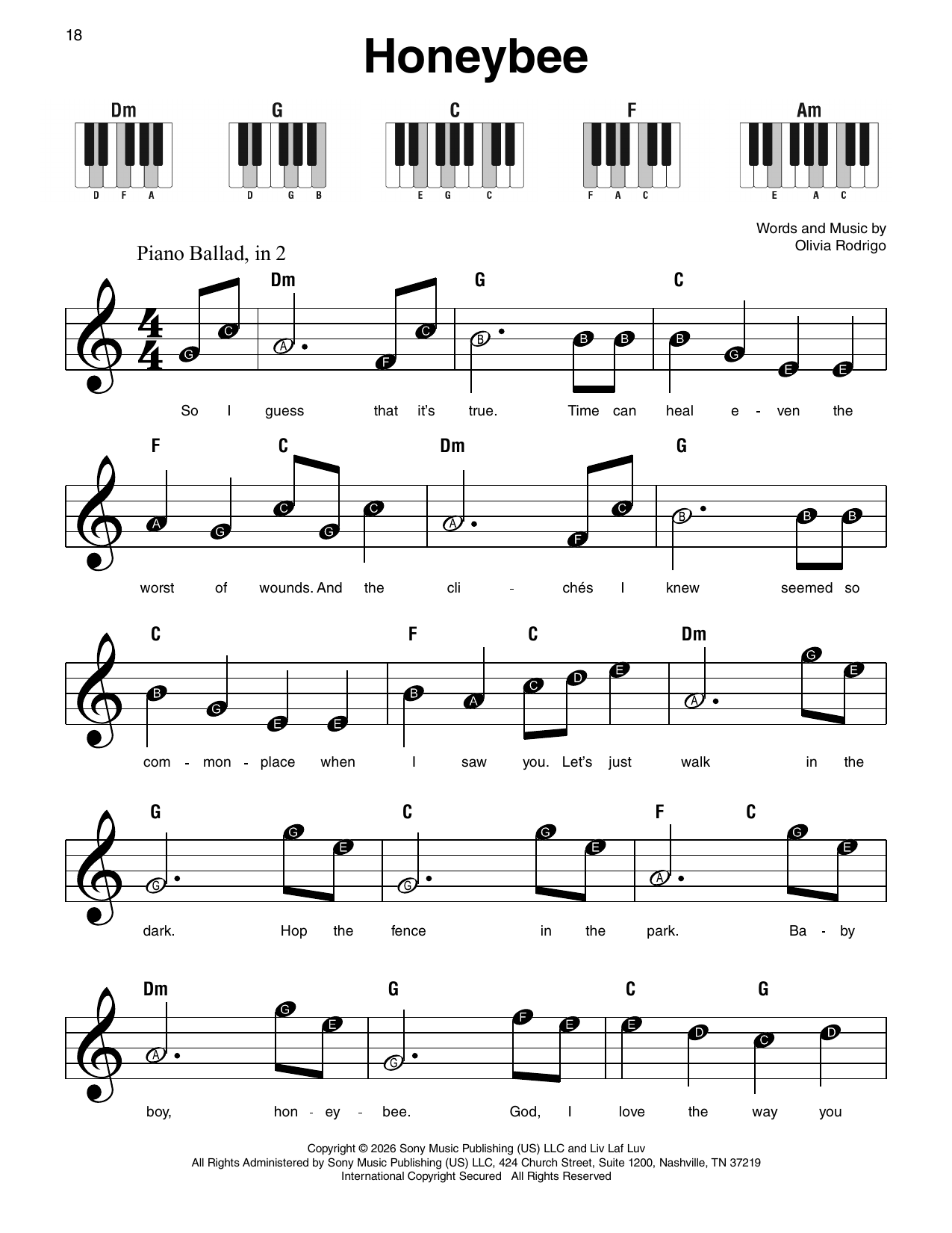 Olivia Rodrigo honeybee sheet music notes and chords arranged for Super Easy Piano