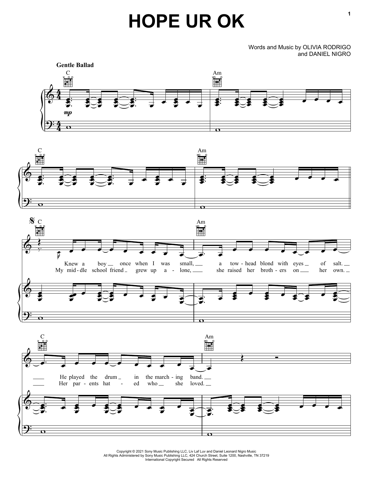 Olivia Rodrigo hope ur ok sheet music notes and chords arranged for Piano, Vocal & Guitar Chords (Right-Hand Melody)