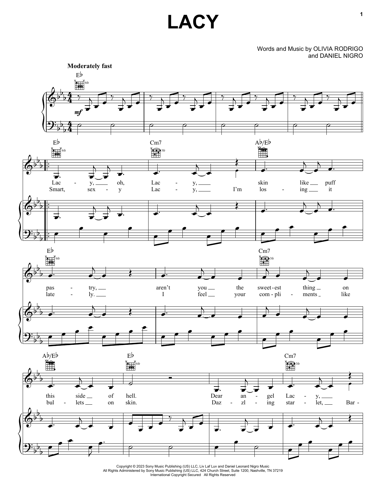 Olivia Rodrigo lacy sheet music notes and chords arranged for Piano, Vocal & Guitar Chords (Right-Hand Melody)