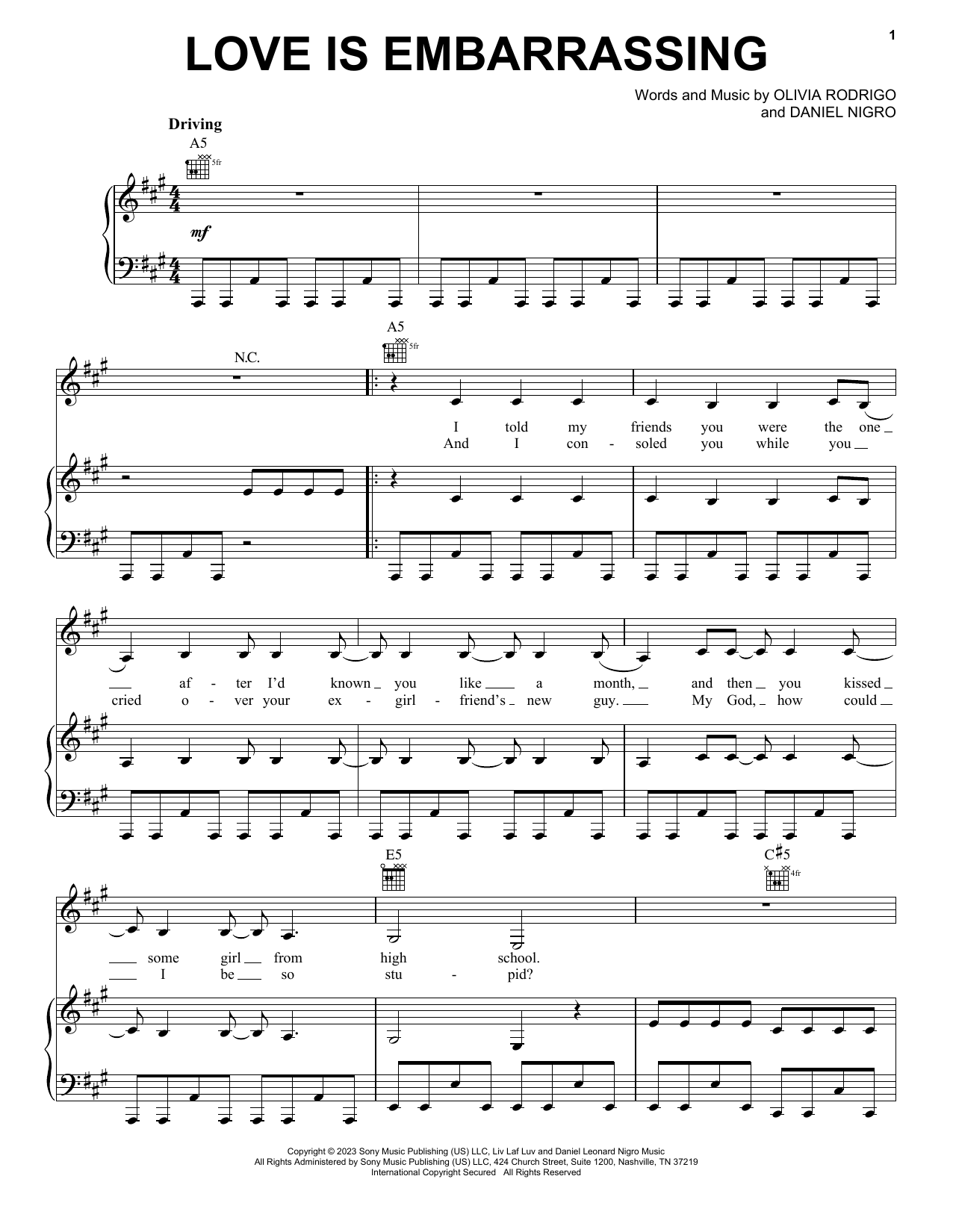 Olivia Rodrigo love is embarrassing sheet music notes and chords arranged for Piano, Vocal & Guitar Chords (Right-Hand Melody)