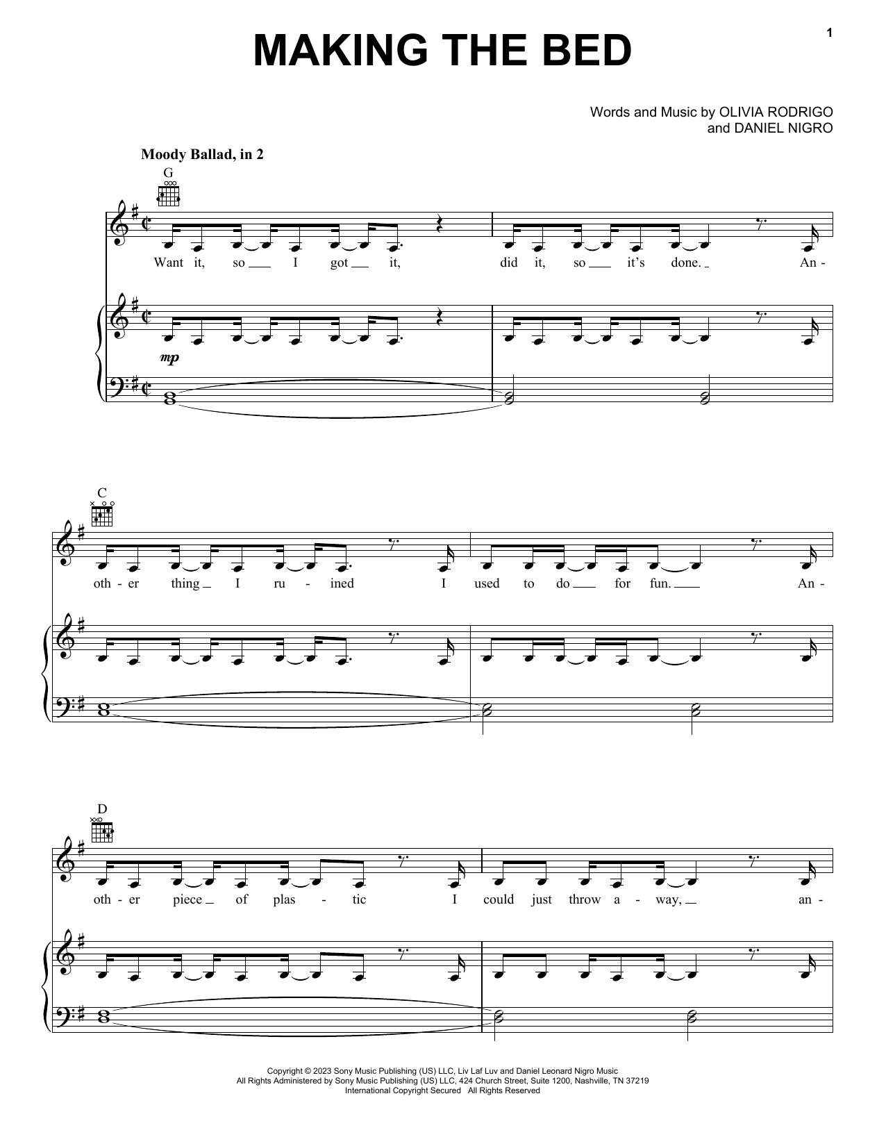 Olivia Rodrigo making the bed sheet music notes and chords arranged for Piano, Vocal & Guitar Chords (Right-Hand Melody)