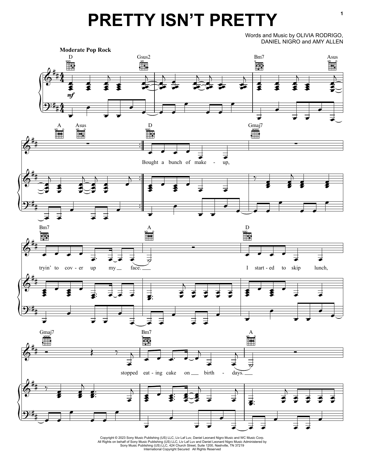 Olivia Rodrigo pretty isn't pretty sheet music notes and chords arranged for Piano, Vocal & Guitar Chords (Right-Hand Melody)