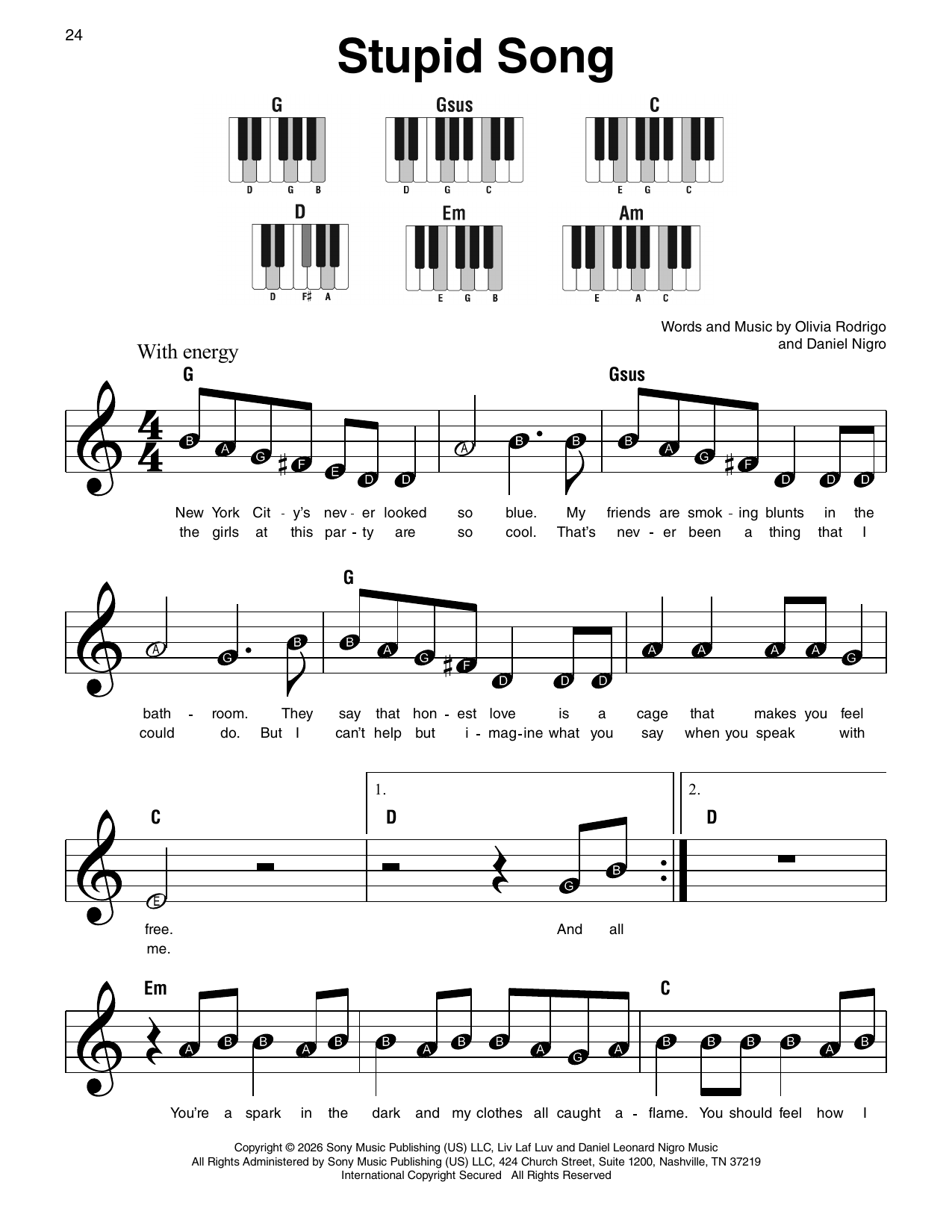 Olivia Rodrigo stupid song sheet music notes and chords arranged for Super Easy Piano