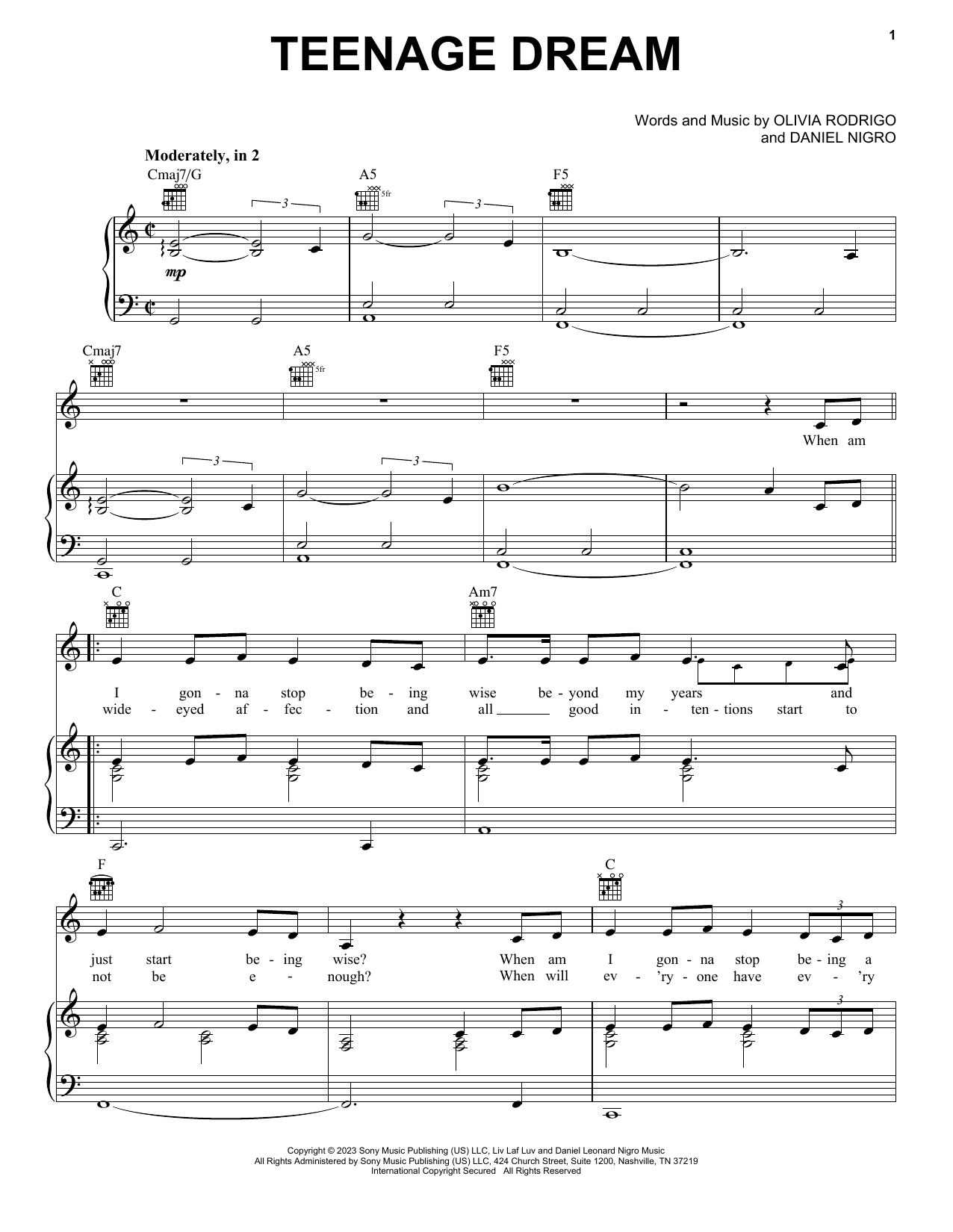 Olivia Rodrigo teenage dream sheet music notes and chords arranged for Piano, Vocal & Guitar Chords (Right-Hand Melody)