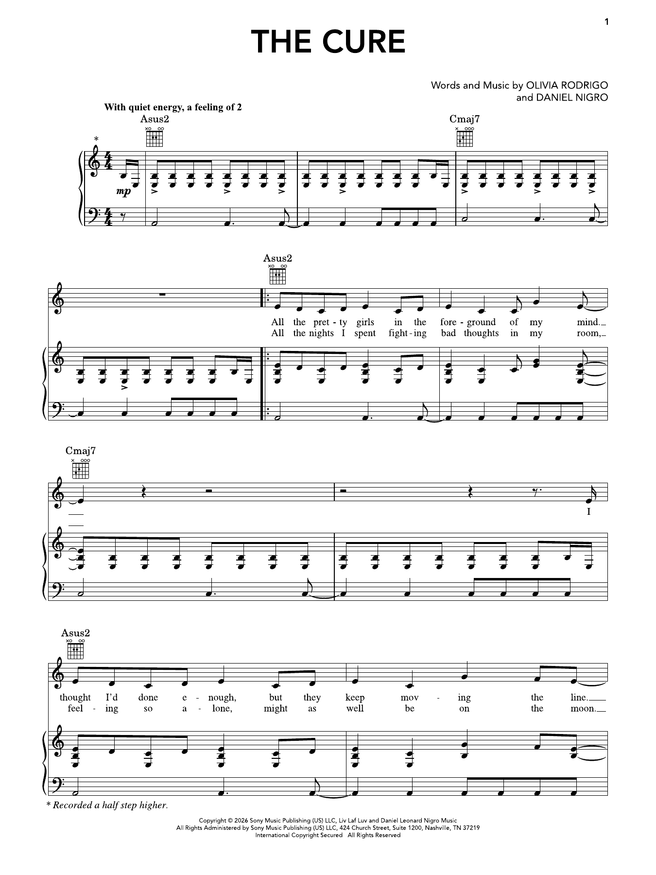 Olivia Rodrigo the cure sheet music notes and chords arranged for Super Easy Piano