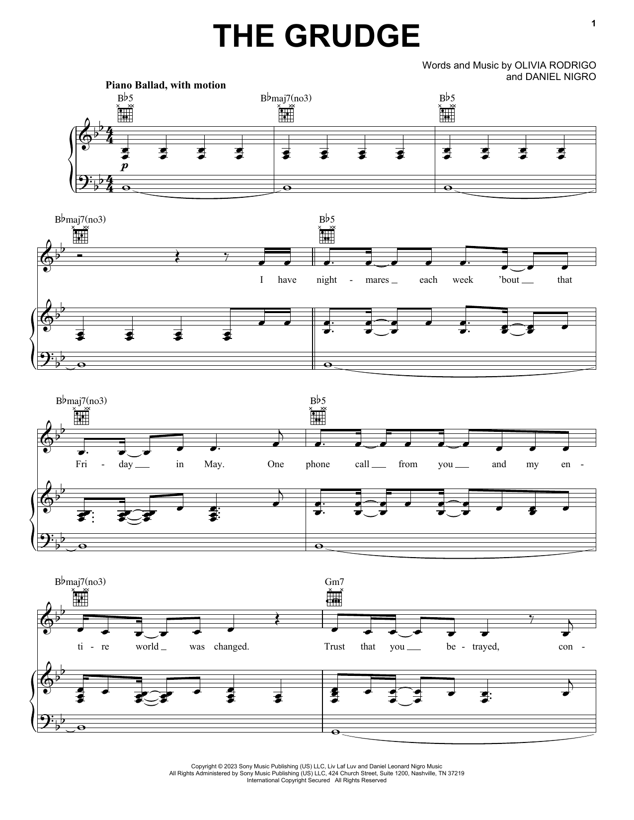 Olivia Rodrigo the grudge sheet music notes and chords arranged for Piano, Vocal & Guitar Chords (Right-Hand Melody)