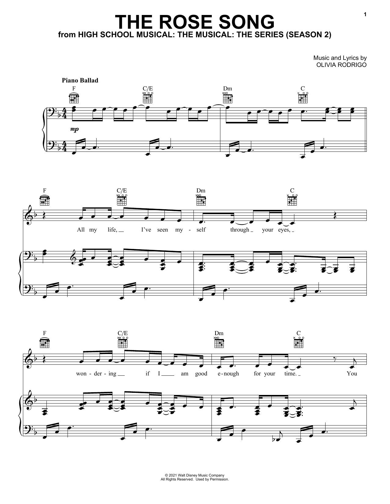 Olivia Rodrigo The Rose Song (from High School Musical: The Musical: The Series) sheet music notes and chords arranged for Super Easy Piano