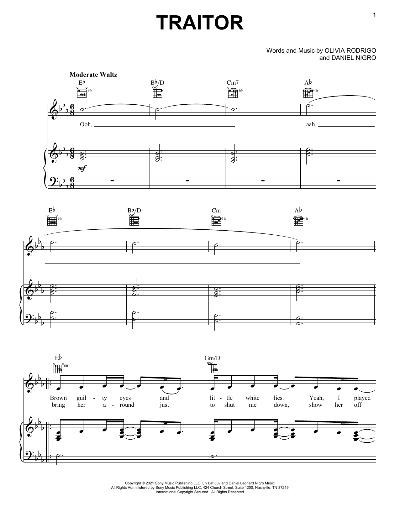 Olivia Rodrigo traitor sheet music notes and chords arranged for Piano, Vocal & Guitar Chords (Right-Hand Melody)