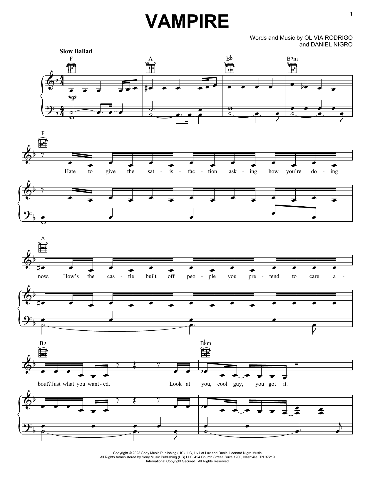 Olivia Rodrigo vampire sheet music notes and chords arranged for Piano, Vocal & Guitar Chords (Right-Hand Melody)
