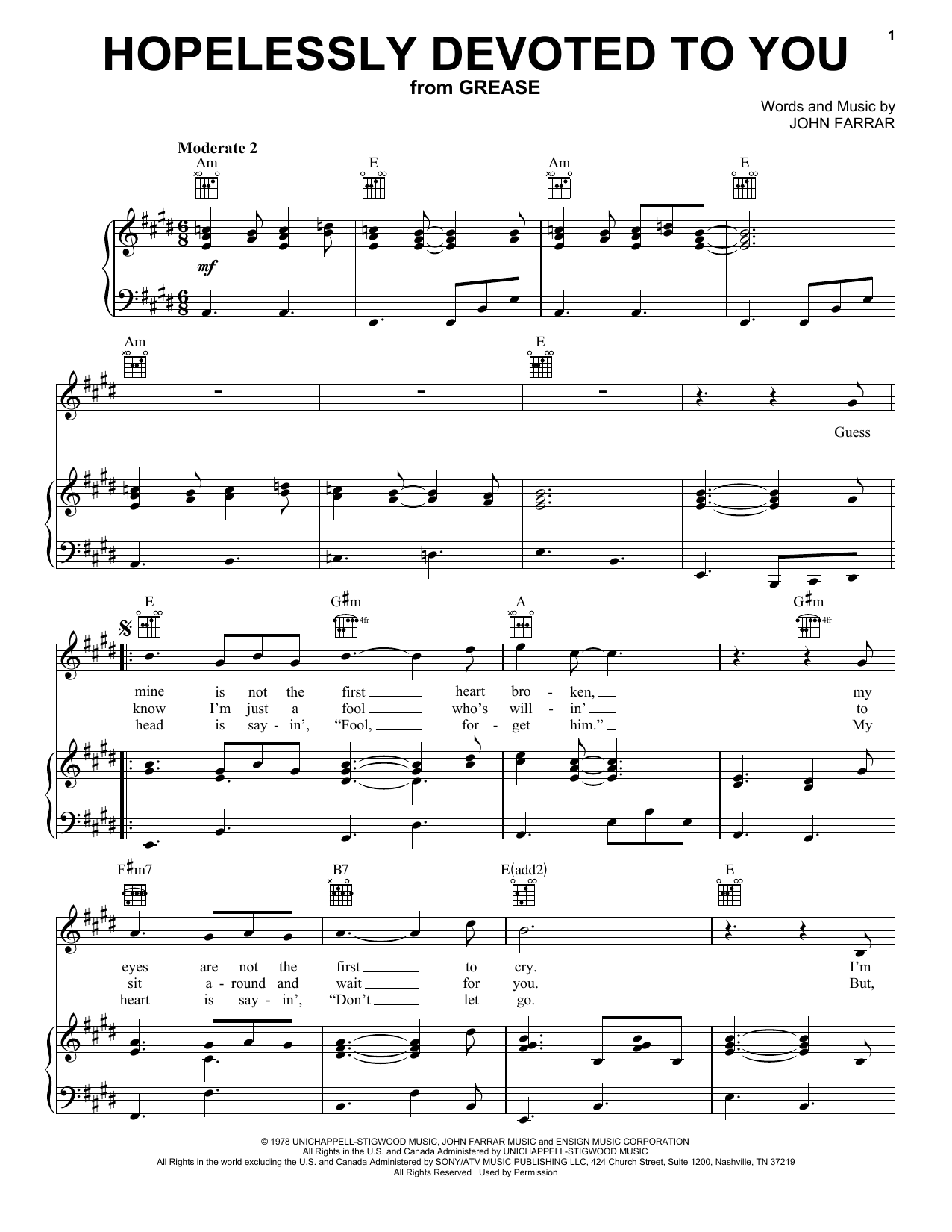 Olivia Newton-John Hopelessly Devoted To You (from Grease) sheet music notes and chords arranged for Violin Solo