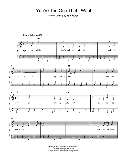 Olivia Newton-John and John Travolta You're The One That I Want (from Grease) sheet music notes and chords arranged for Guitar Chords/Lyrics