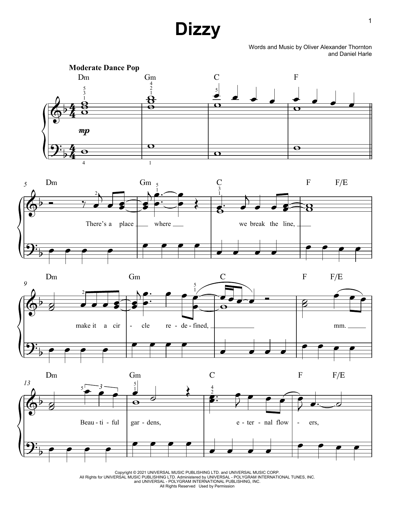 Olly Alexander (Years & Years) Dizzy sheet music notes and chords arranged for Easy Piano