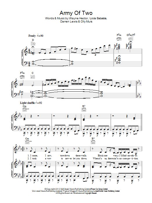 Olly Murs Army Of Two sheet music notes and chords arranged for Piano, Vocal & Guitar Chords