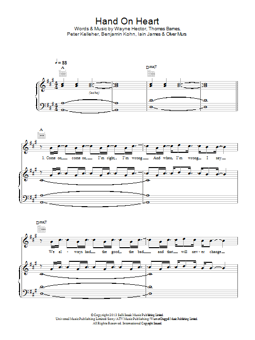 Olly Murs Hand On Heart sheet music notes and chords arranged for Piano, Vocal & Guitar Chords