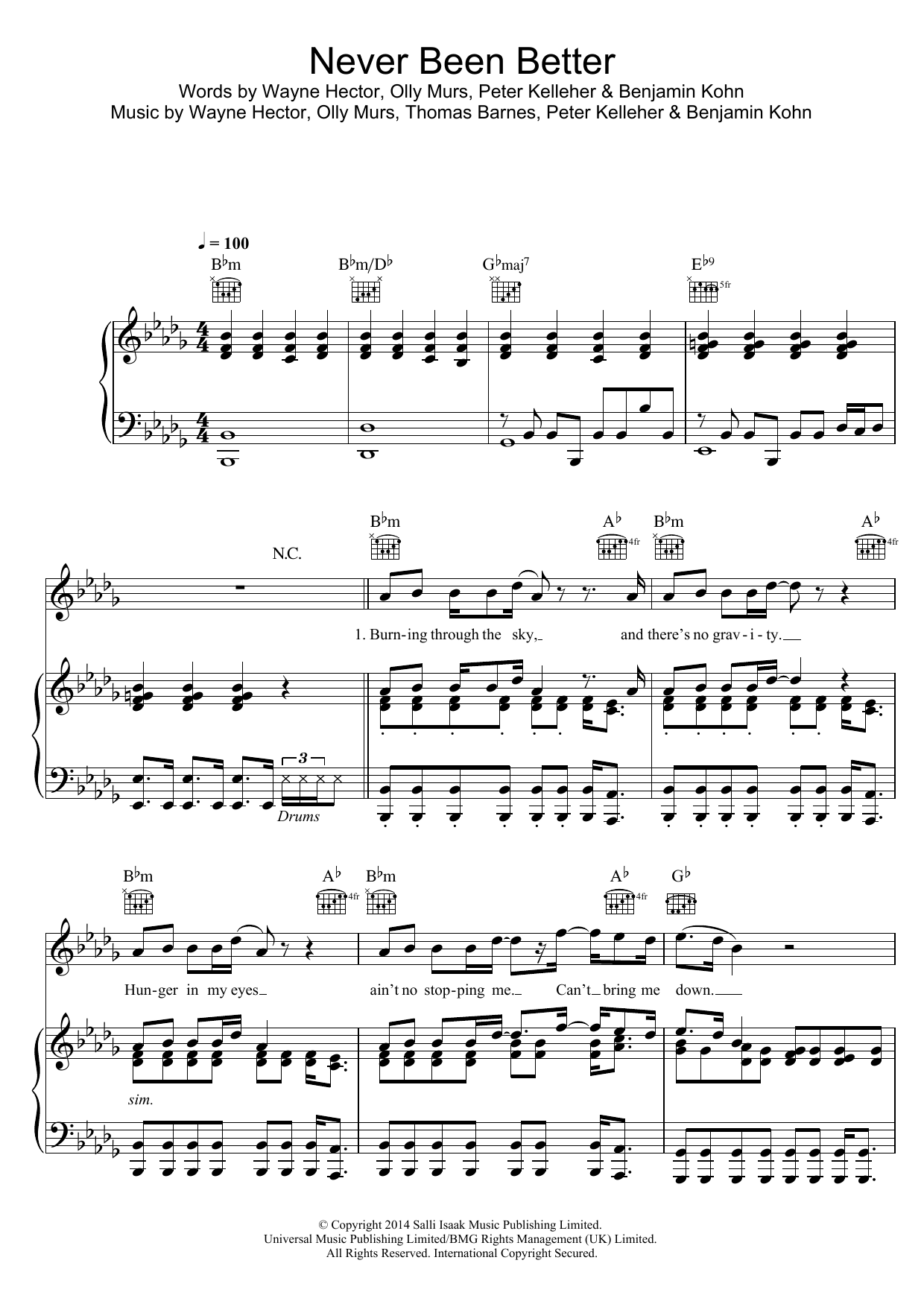 Olly Murs Never Been Better sheet music notes and chords arranged for Piano, Vocal & Guitar Chords