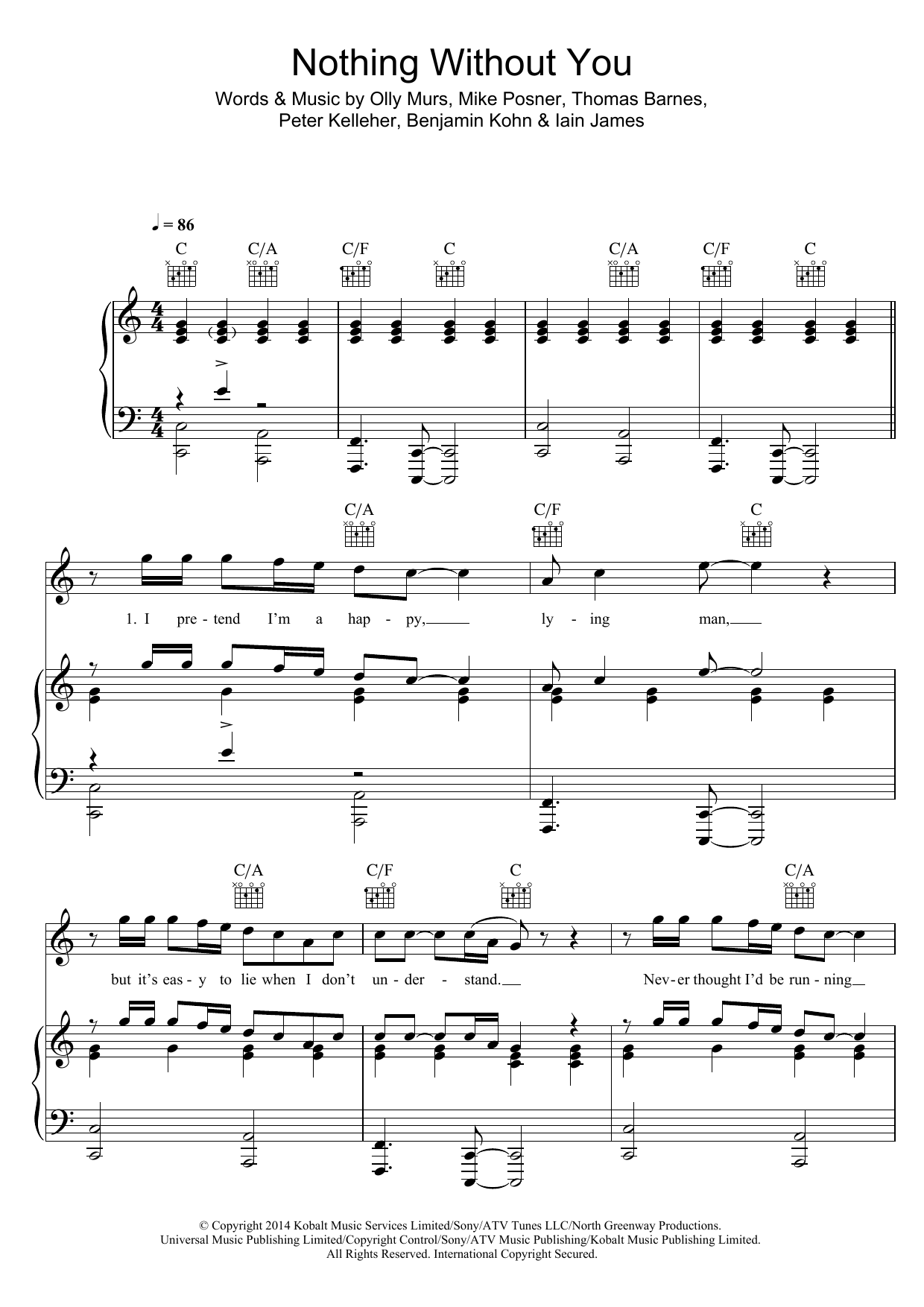 Olly Murs Nothing Without You sheet music notes and chords arranged for Piano, Vocal & Guitar Chords