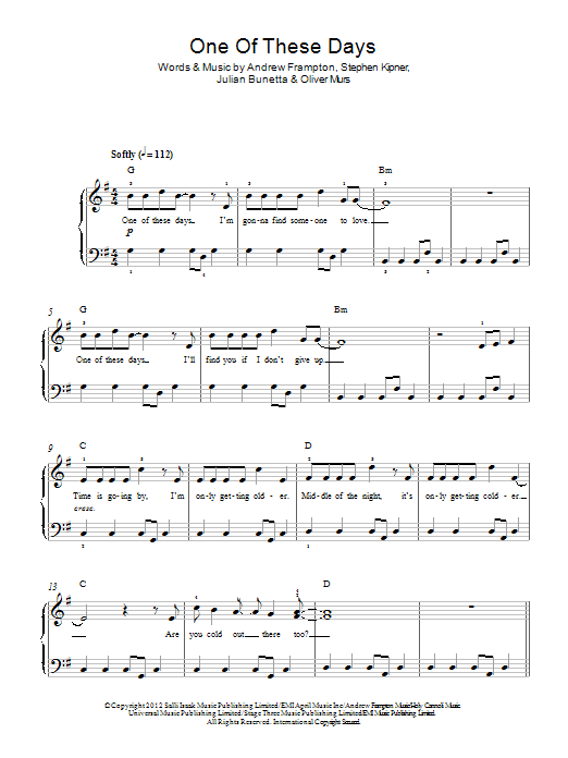 Olly Murs One Of These Days sheet music notes and chords arranged for Easy Piano