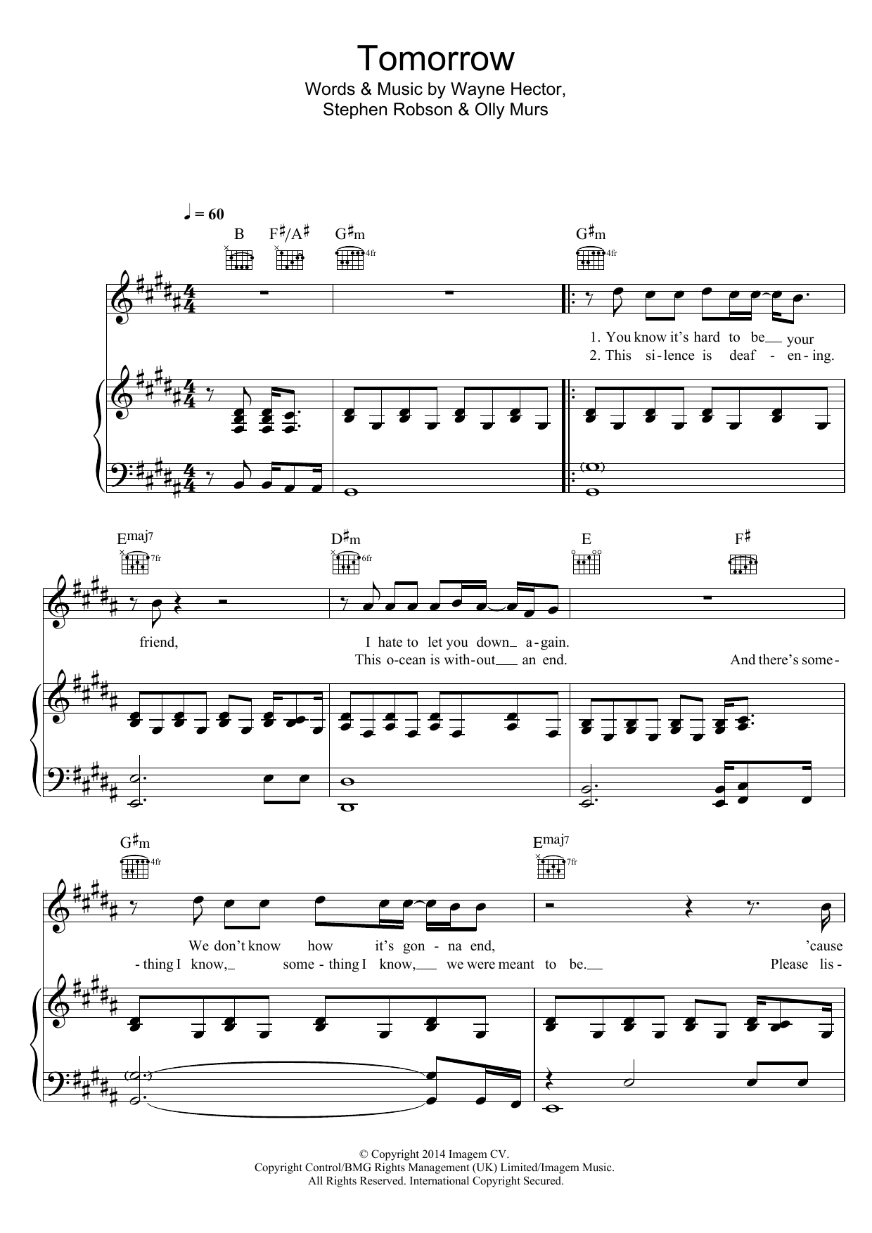 Olly Murs Tomorrow sheet music notes and chords arranged for Piano, Vocal & Guitar Chords