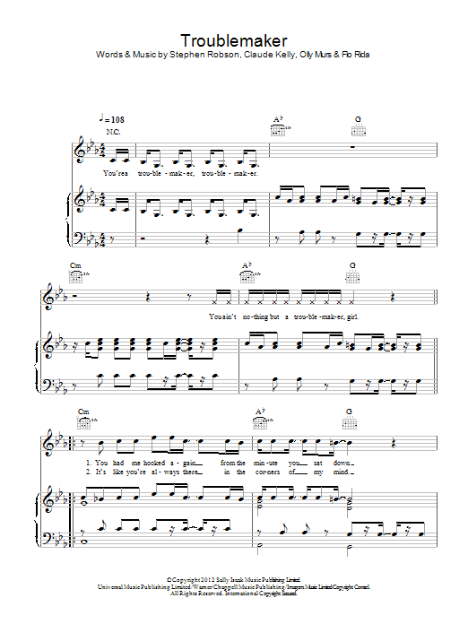 Olly Murs Troublemaker sheet music notes and chords arranged for Piano, Vocal & Guitar Chords