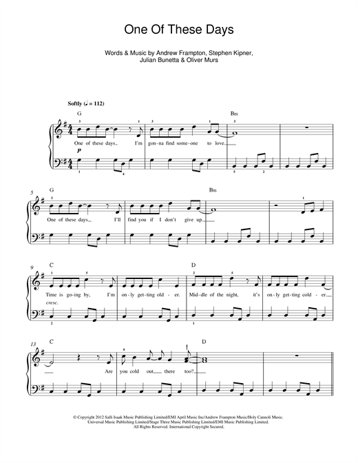 Olly Murs One Of These Days sheet music notes and chords arranged for Beginner Piano