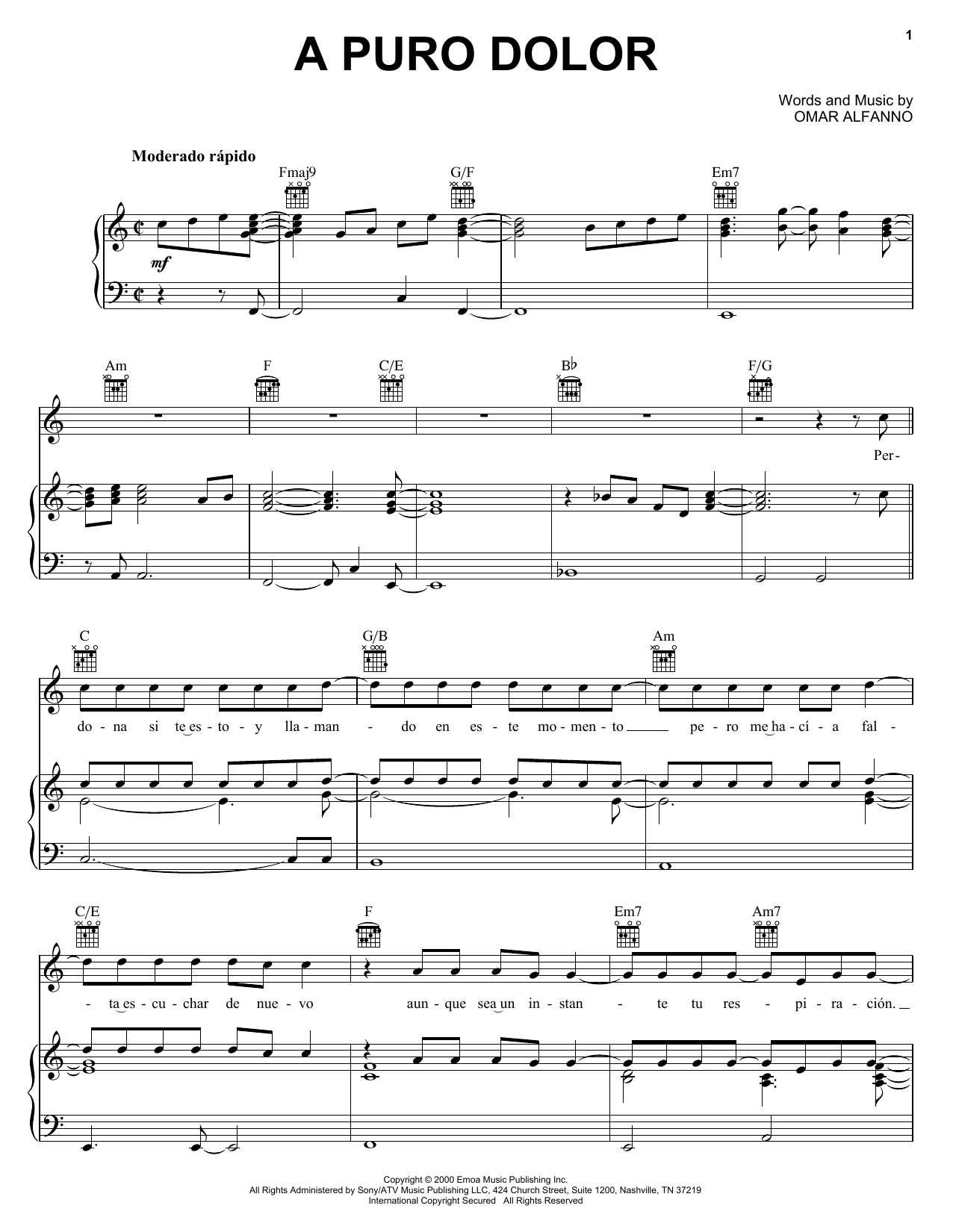 Omar Alfanno A Puro Dolor sheet music notes and chords arranged for Piano, Vocal & Guitar Chords (Right-Hand Melody)
