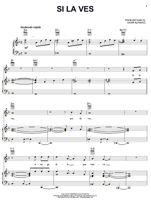 Omar Alfanno Si La Ves sheet music notes and chords arranged for Piano, Vocal & Guitar Chords (Right-Hand Melody)