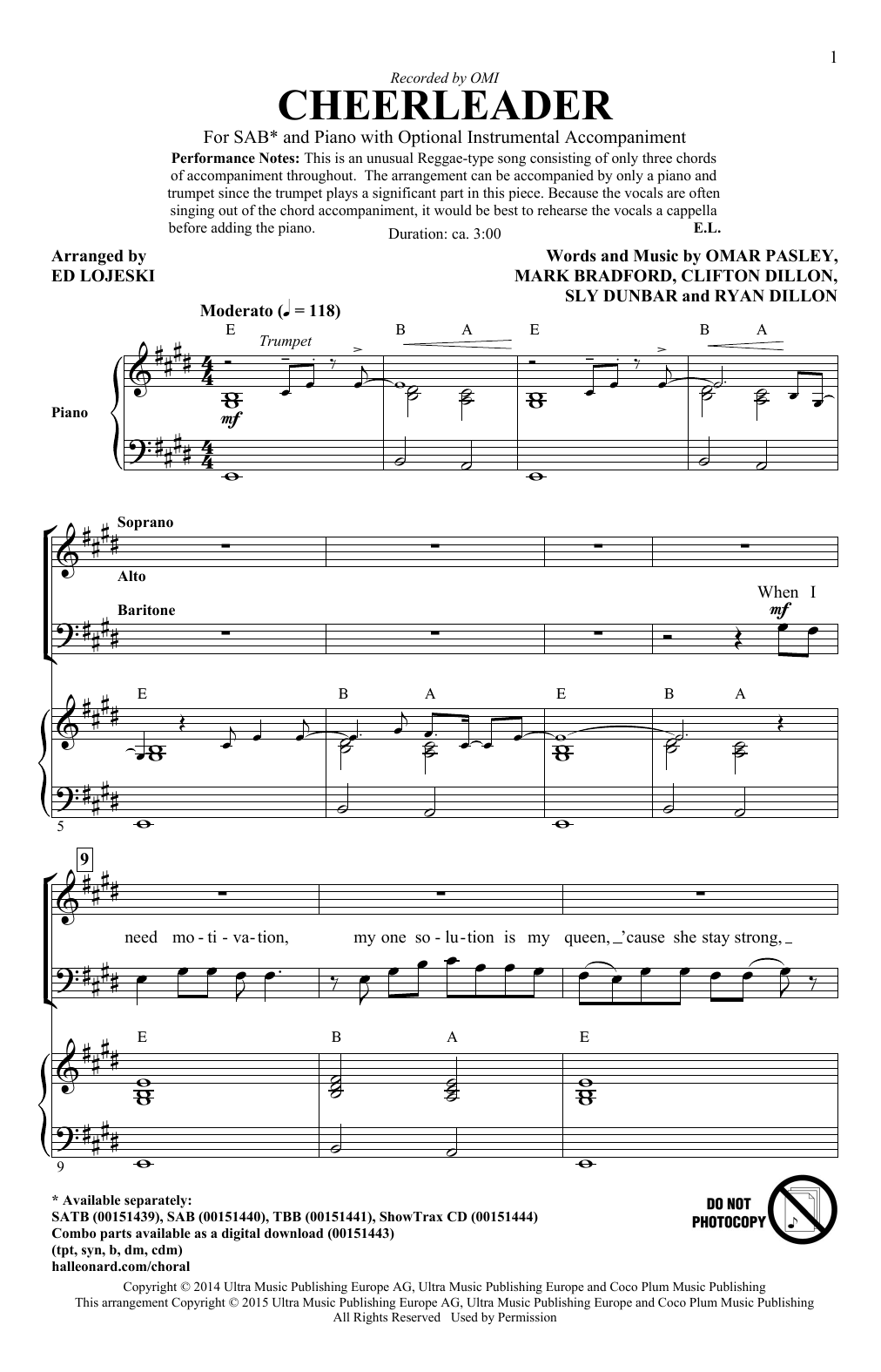 Omi Cheerleader (arr. Ed Lojeski) sheet music notes and chords arranged for TBB Choir