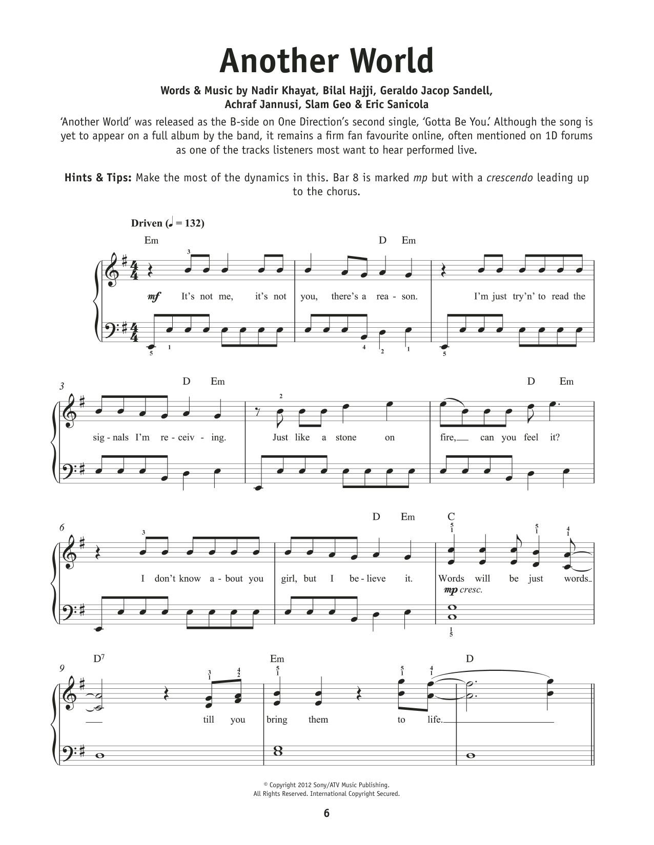 One Direction Another World sheet music notes and chords arranged for Beginner Piano (Abridged)