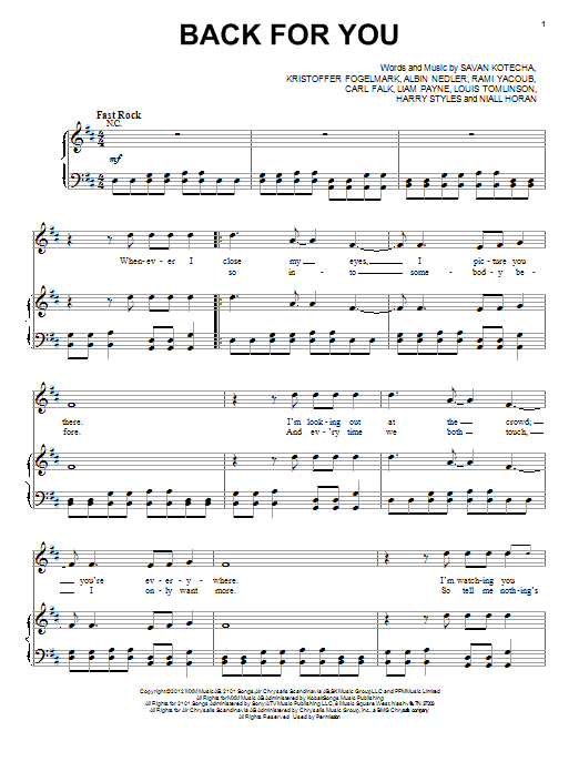One Direction Back For You sheet music notes and chords arranged for Piano, Vocal & Guitar Chords (Right-Hand Melody)
