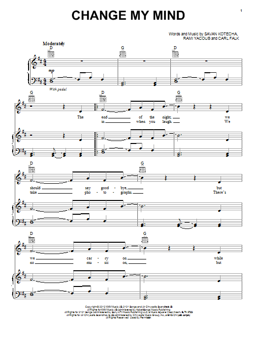 One Direction Change My Mind sheet music notes and chords arranged for Piano, Vocal & Guitar Chords (Right-Hand Melody)