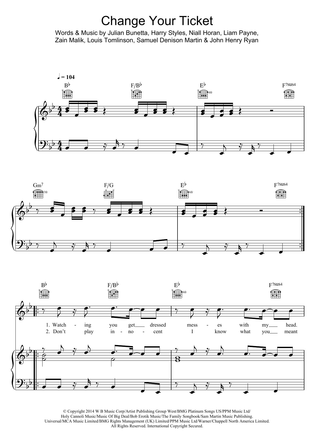 One Direction Change Your Ticket sheet music notes and chords arranged for Piano, Vocal & Guitar Chords