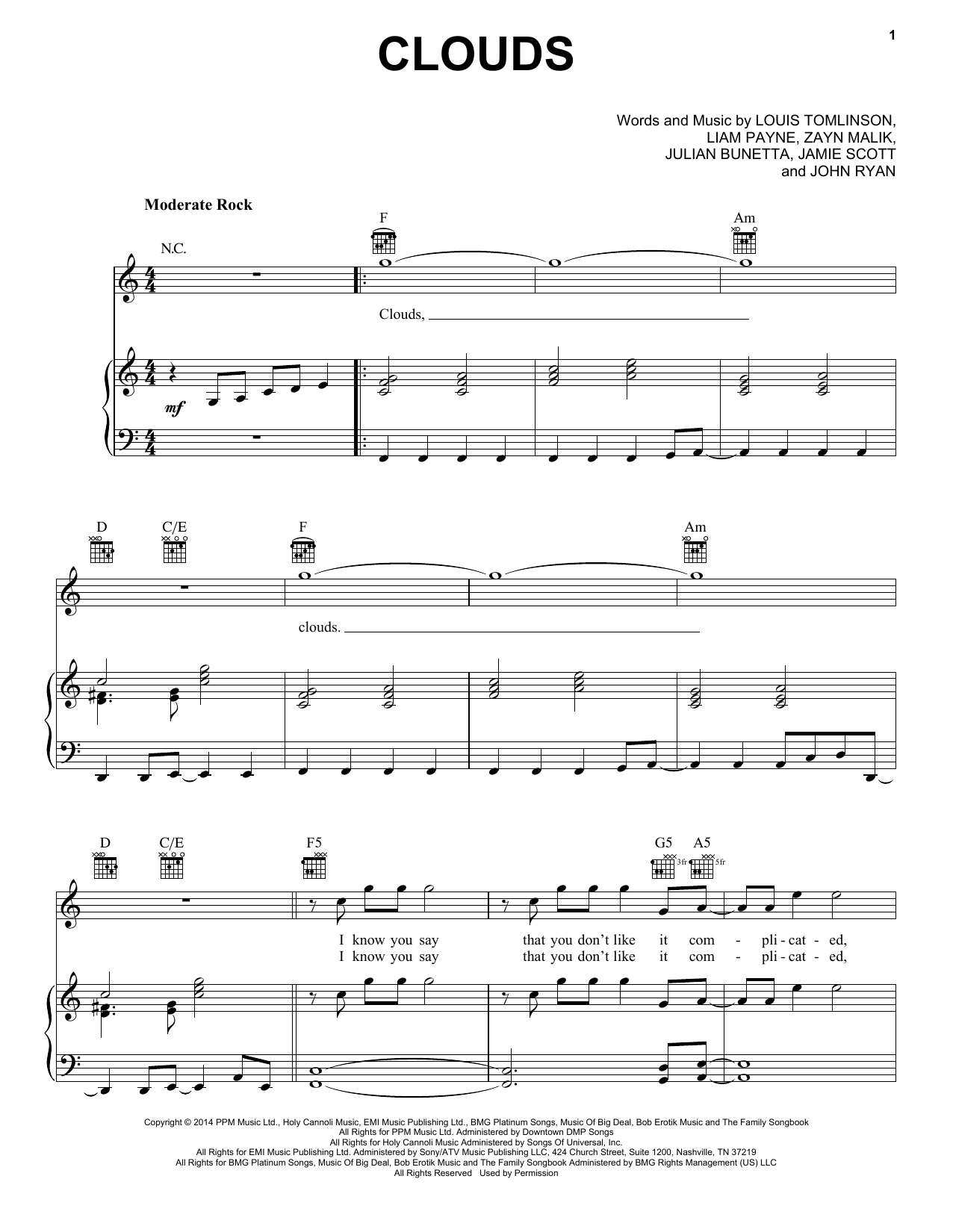 One Direction Clouds sheet music notes and chords arranged for Piano, Vocal & Guitar Chords (Right-Hand Melody)